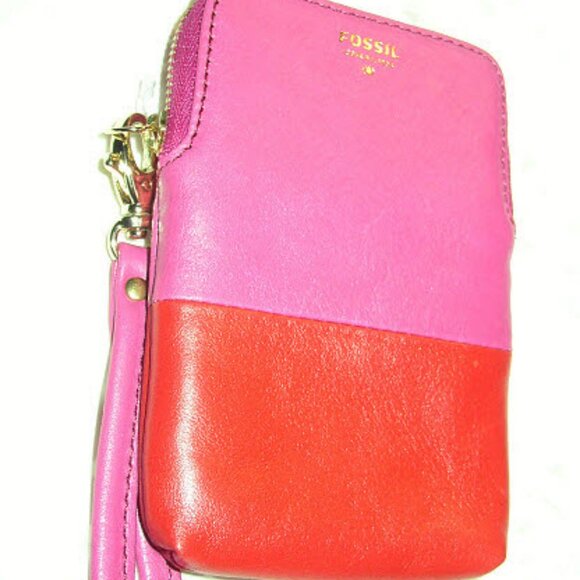 FOSSIL ~ fuchsia pink & red leather wristlet ~ new - Picture 3 of 4